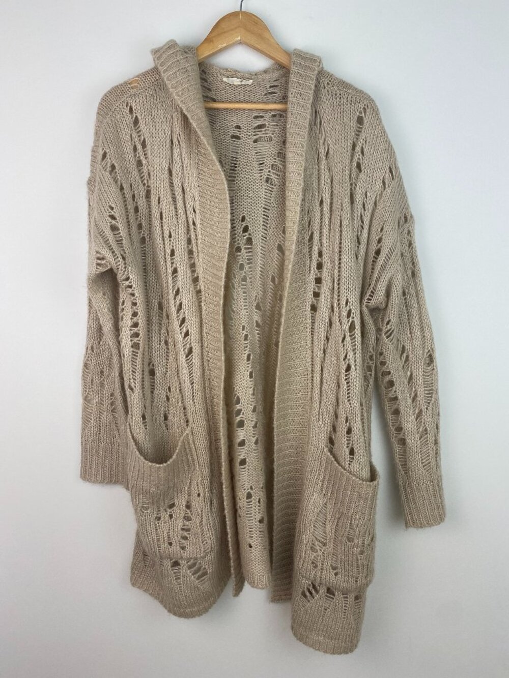 Easel Long Open Front Cardigan Taupe Textured Knit Boho